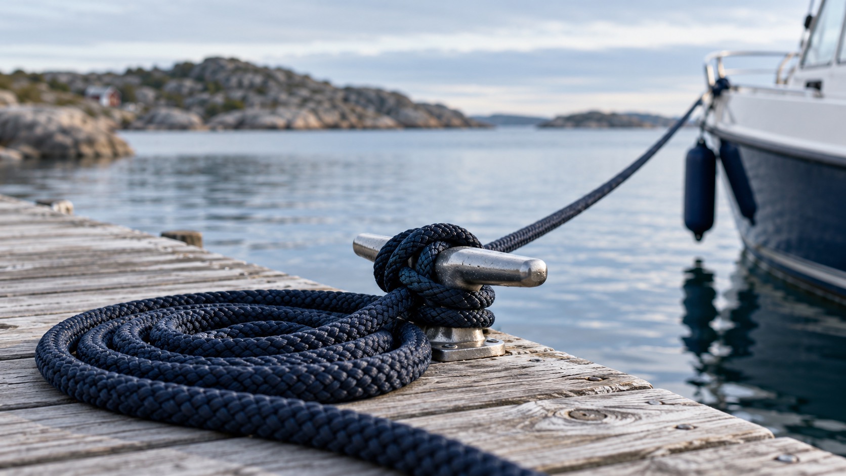 Mörkblå förtöjningslina på en träbrygga vid stilla blågrått vatten.